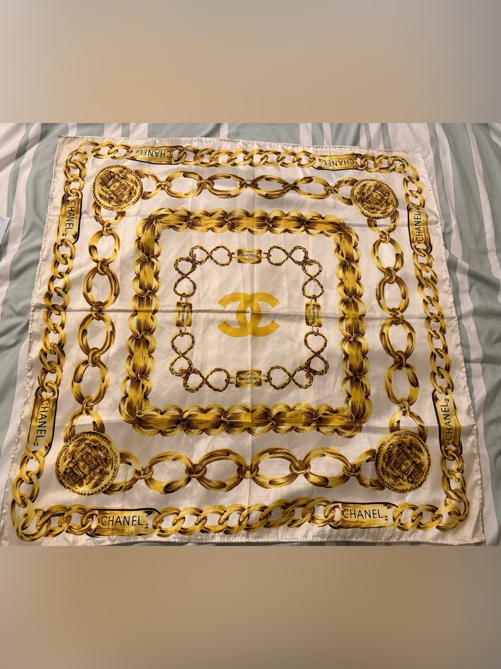 Authentic Vintage CHANEL Gold Chain Medallion 31 Rue Cambon Silk Scarf